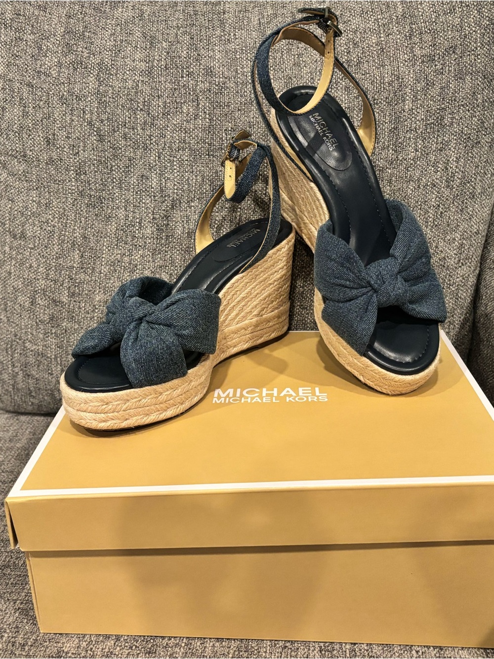 MICHAEL Michael Kors Denim-Look Bow Espadrille Wedge Sandals - Blue